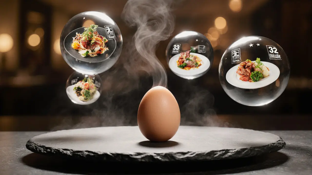 A perfect egg on slate with floating orbs containing micro-images of 32 Michelin-starred dishes.