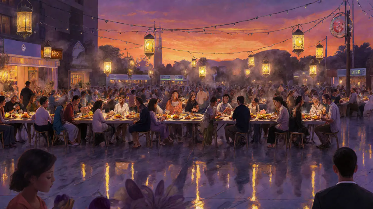 A vibrant iftar gathering at Dubai Mall under glowing lanterns, with diverse people sharing food at long tables.