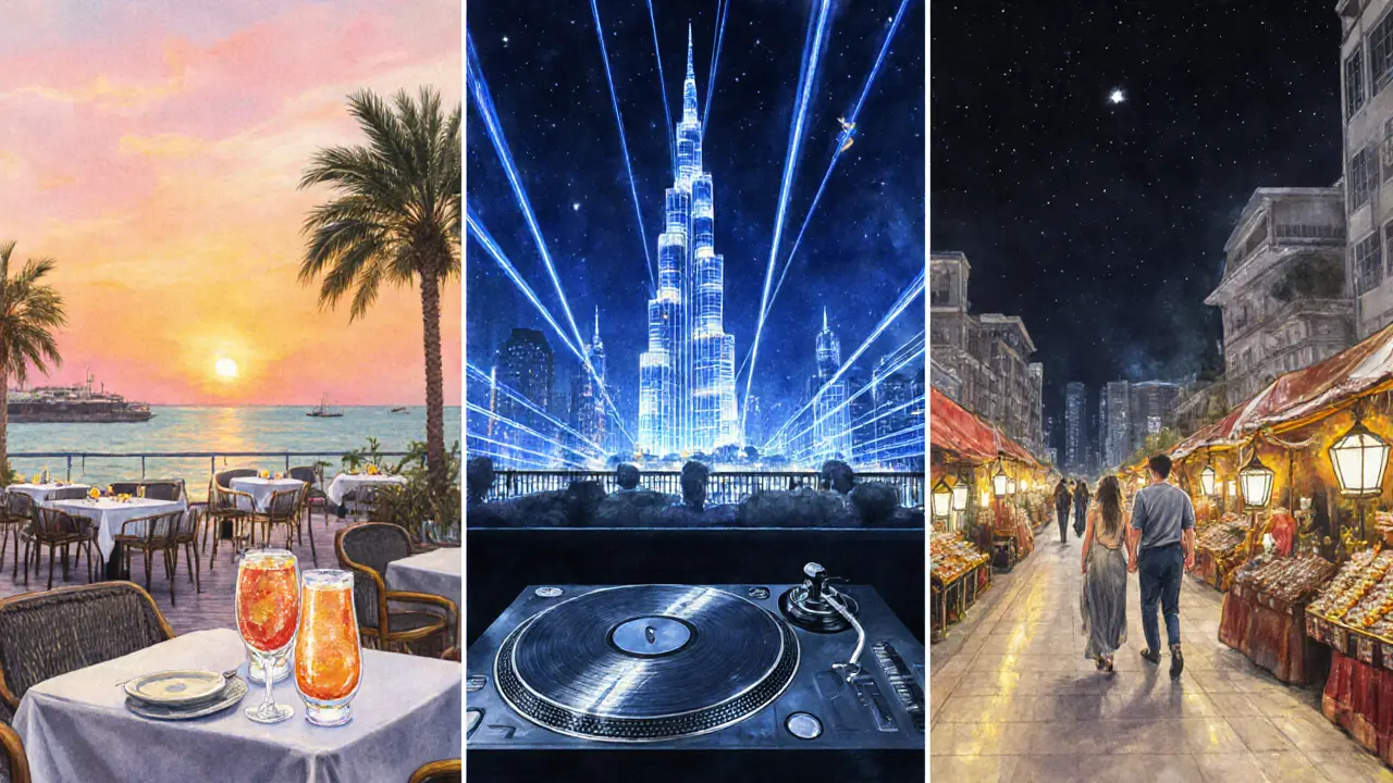 Collage of sunset drinks at Pier 7, White Dubai laser show, and midnight JBR Walk.