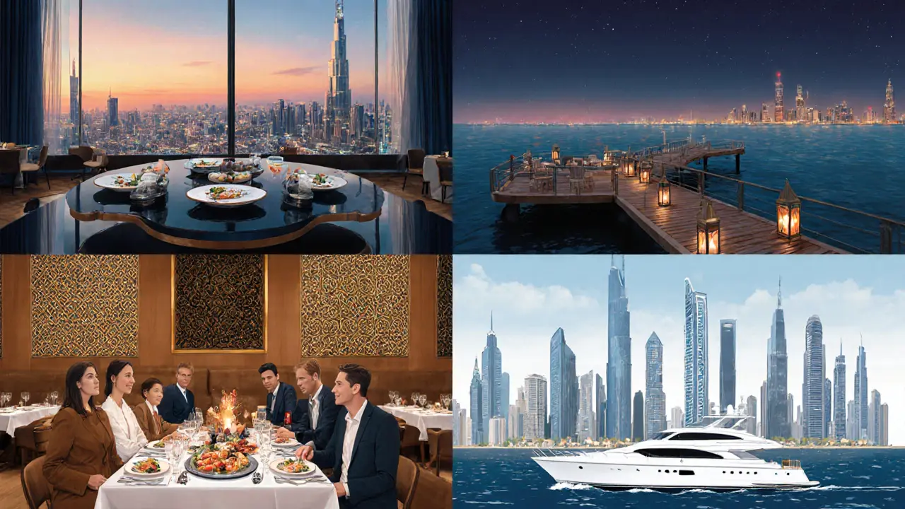 Collage shows At.mosphere sky‑high dining, Pierchic seaside restaurant, Al Fanar Emirati eatery, and a yacht dinner.