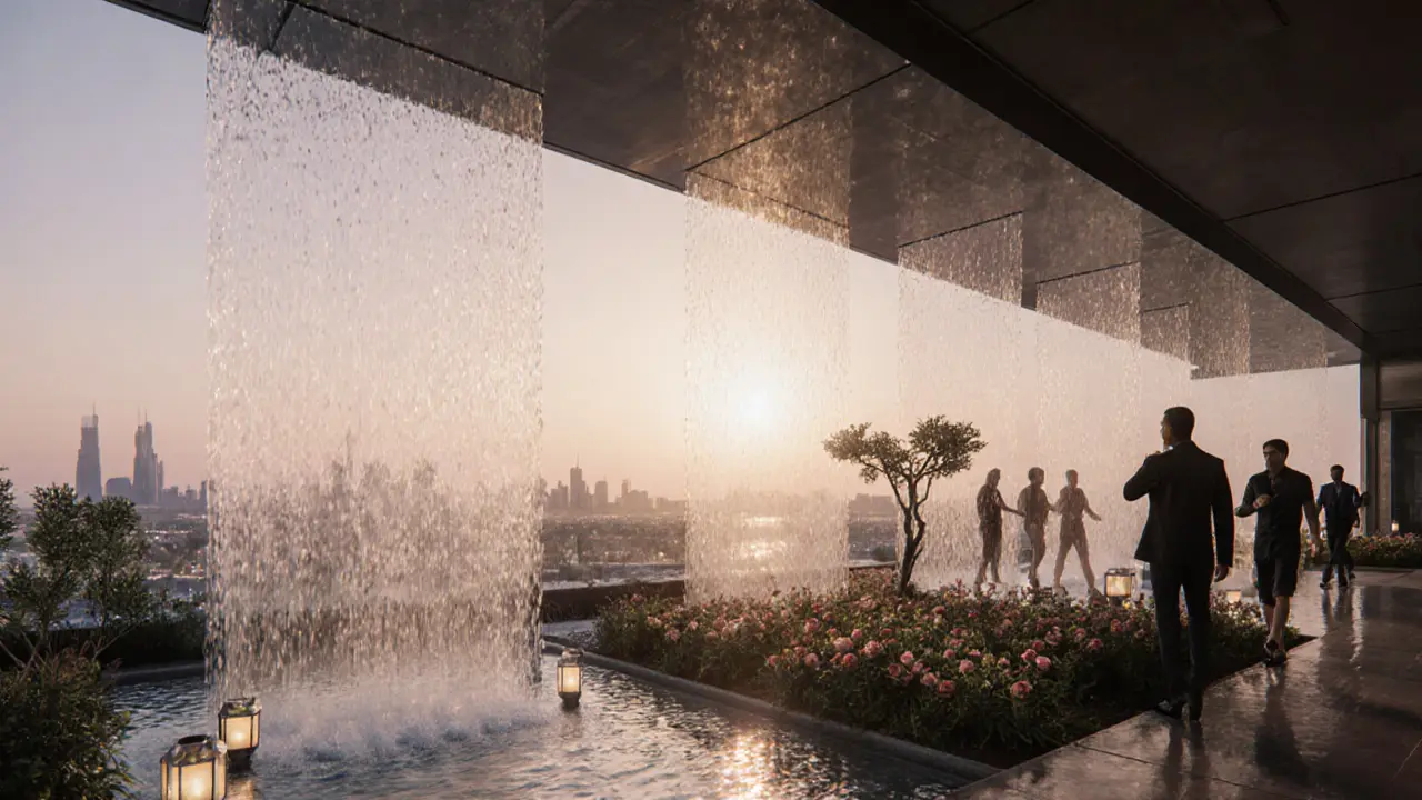 Condensation from AC turns into water for a rooftop garden at a Dubai eco-club, solar lanterns glow as sunrise begins.