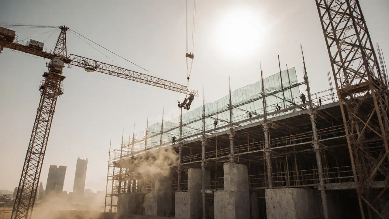 Construction workers assembling the Burj Khalifa under intense desert sun with cranes rising high.