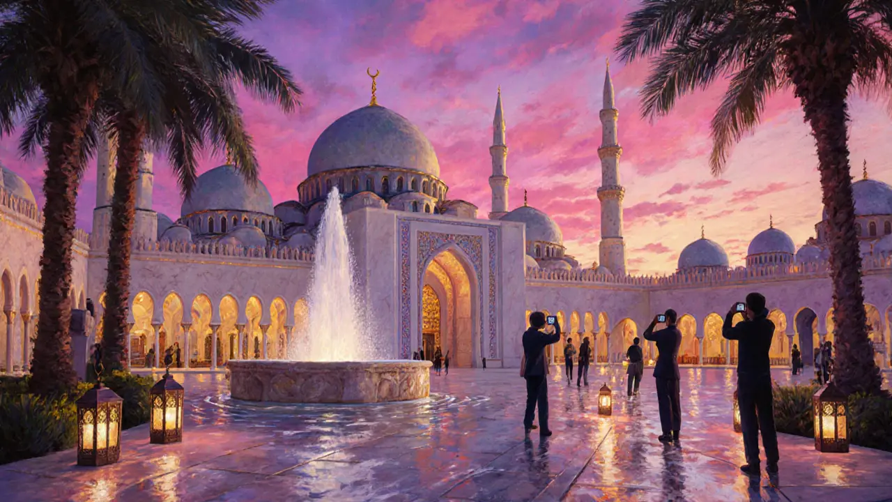 Courtyard of Jumeirah Mosque at sunset with illuminated walls and fountain.
