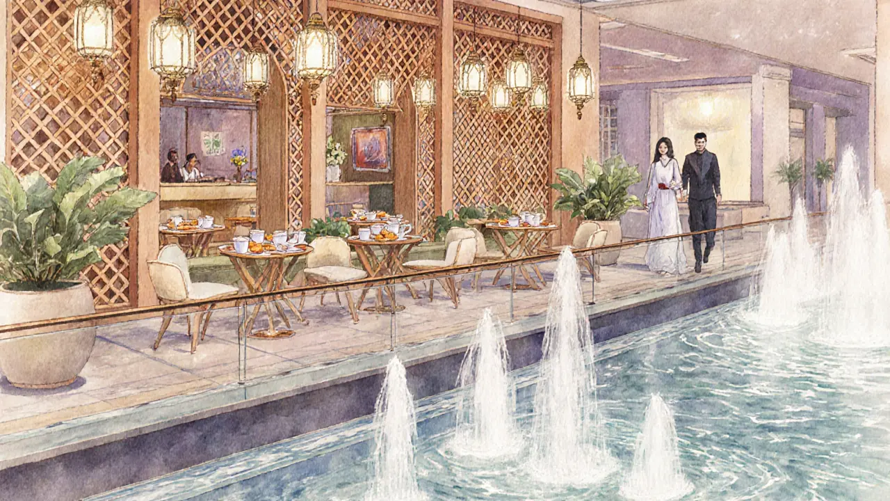 Cozy Arabian Tea House interior and glass‑bottom Fountain Boardwalk view.