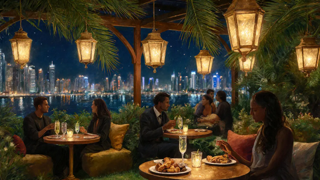 Cozy VIP garden area with lanterns, cocktails and gourmet bites under palm canopies.