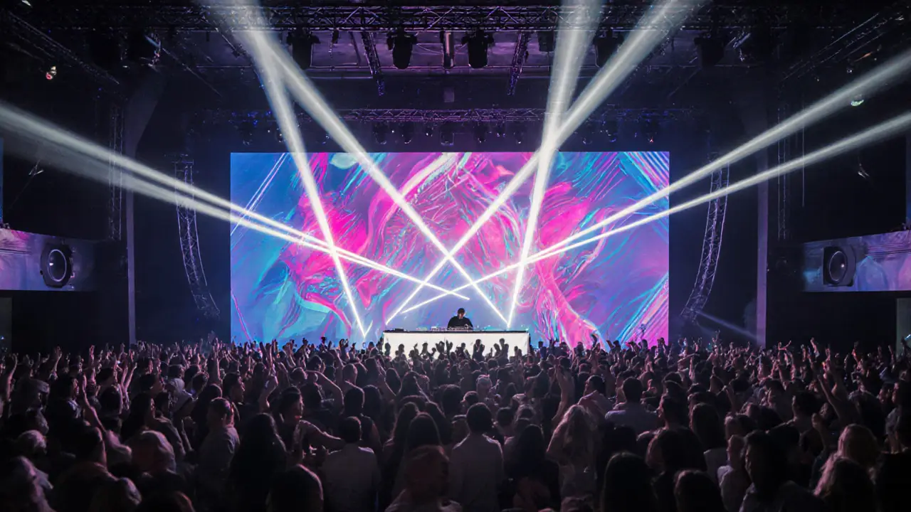 Crowded ground‑level dance hall with LED wall, laser beams and DJ booth creating a high‑energy atmosphere.