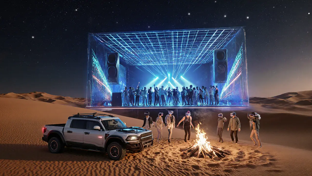 Desert safari DJ on sand dunes with stars, blended with a futuristic VR nightclub scene.