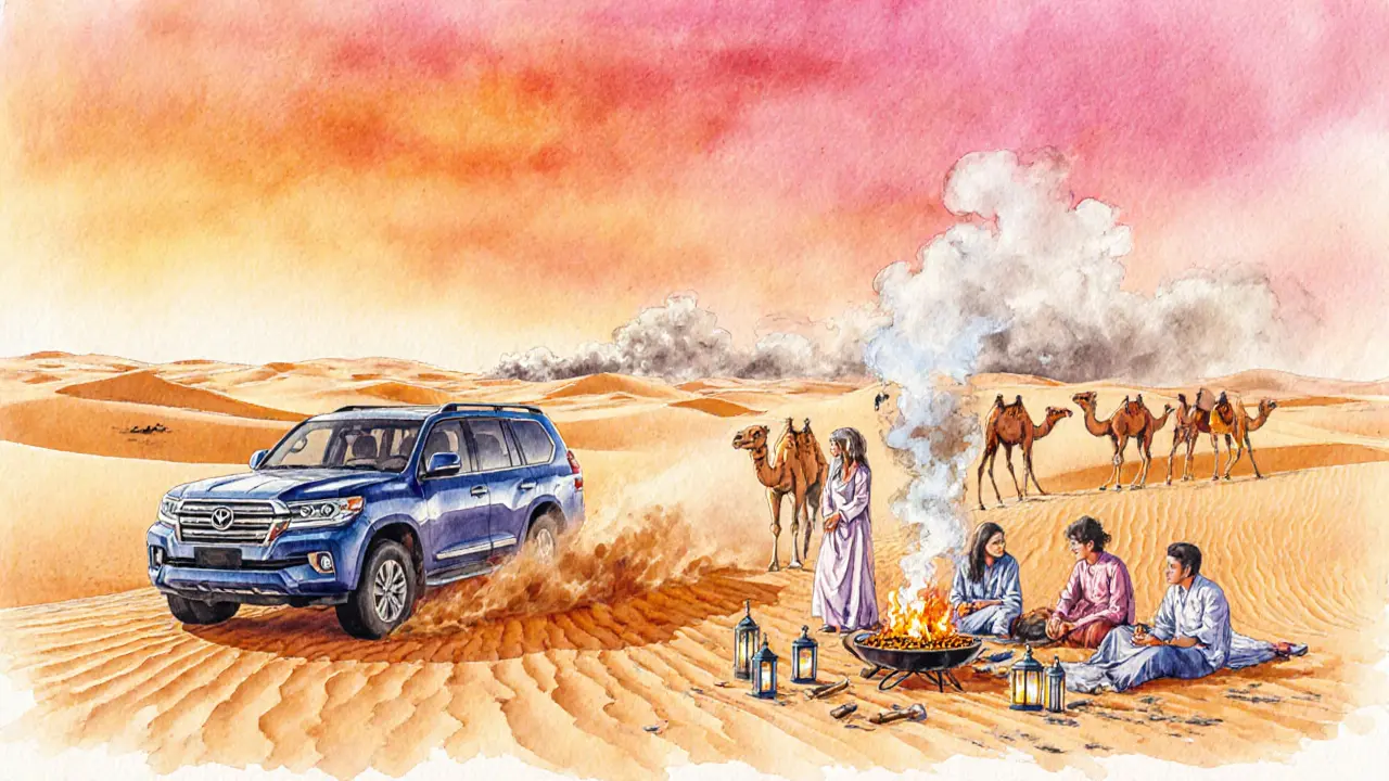 Desert safari on golden dunes with camels, a 4x4, and a sunset BBQ.