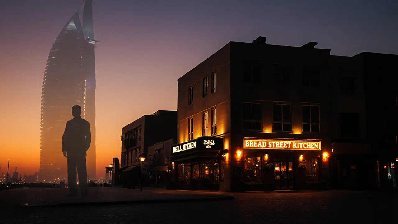 Dubai skyline at sunset showing open Gordon Ramsay restaurants and a faded closed venue.