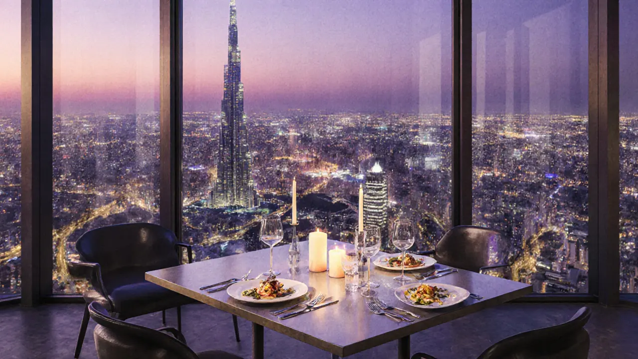 Elegant dinner setting at At.mosphere with city skyline visible through glass.
