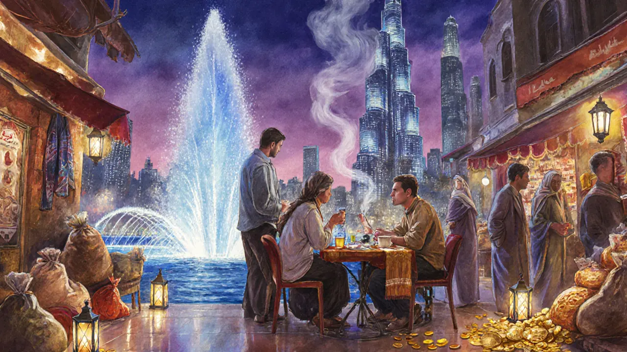 Evening scene of shoppers bargaining near a café, with the Dubai Fountain and Burj Khalifa glowing in the background.