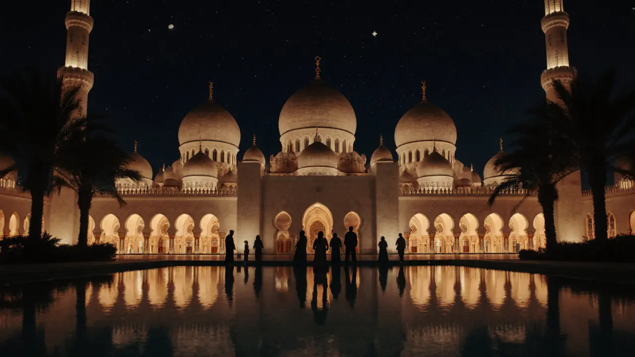 Evening view of the illuminated mosque reflected in water with quiet visitors.