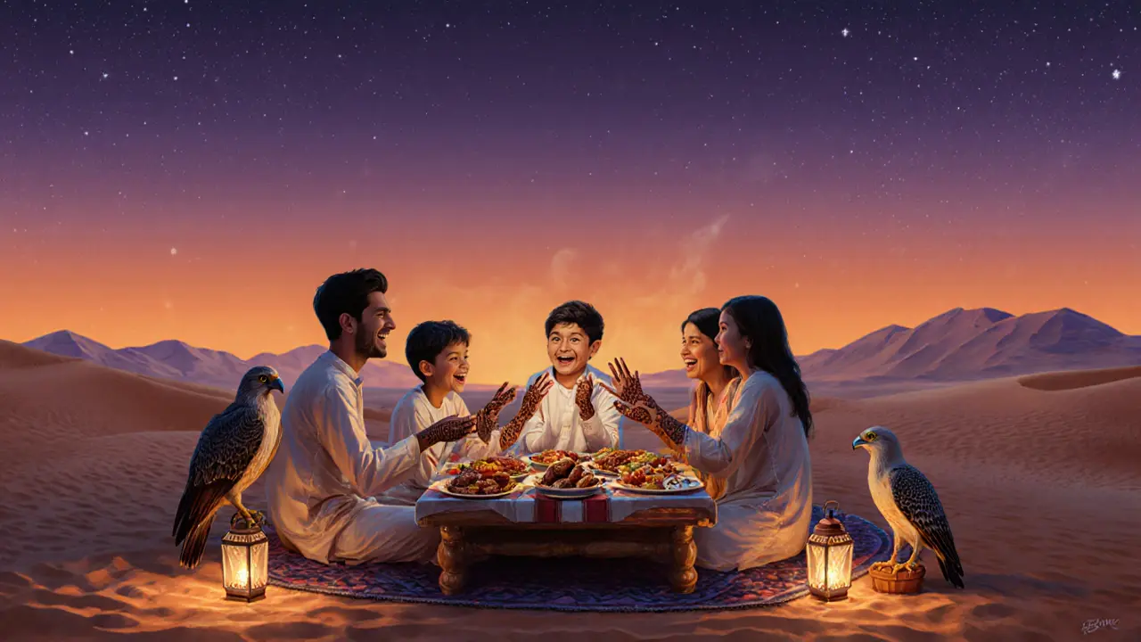 Family enjoying a desert dinner under stars with henna tattoos and falcon nearby.