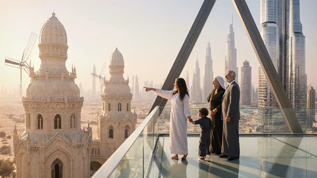 Family on a glass skywalk viewing historic and modern Dubai side by side.