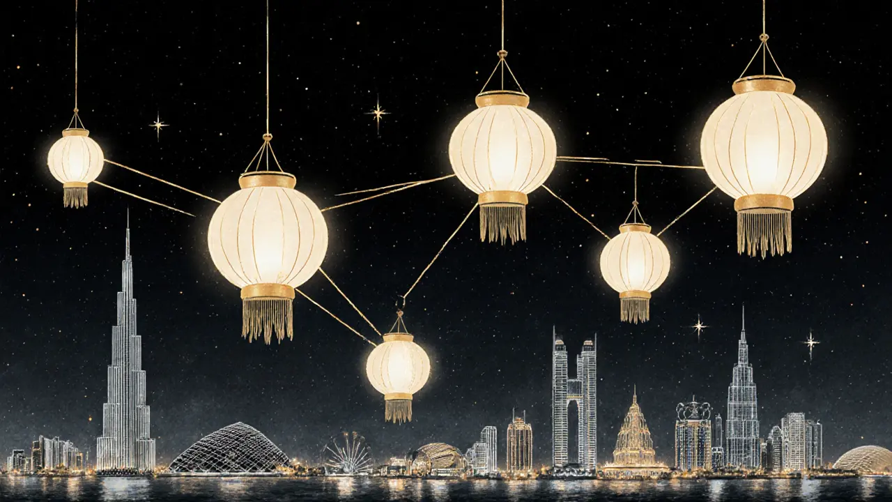 Five glowing lanterns representing Ducasse&#039;s Michelin-starred restaurants above Dubai&#039;s skyline.