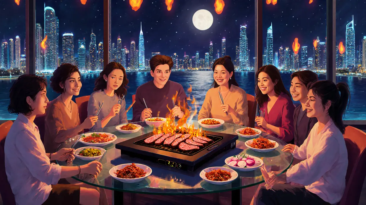 Friends enjoying sizzling Korean BBQ beef at a table with city skyline view at night.