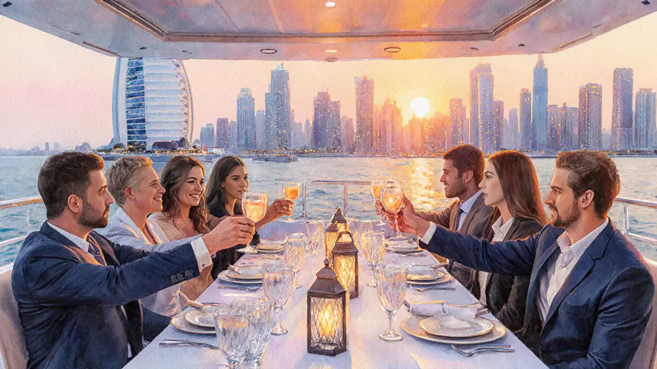 Friends raise glasses on a yacht dinner as the Dubai skyline glows at sunset.