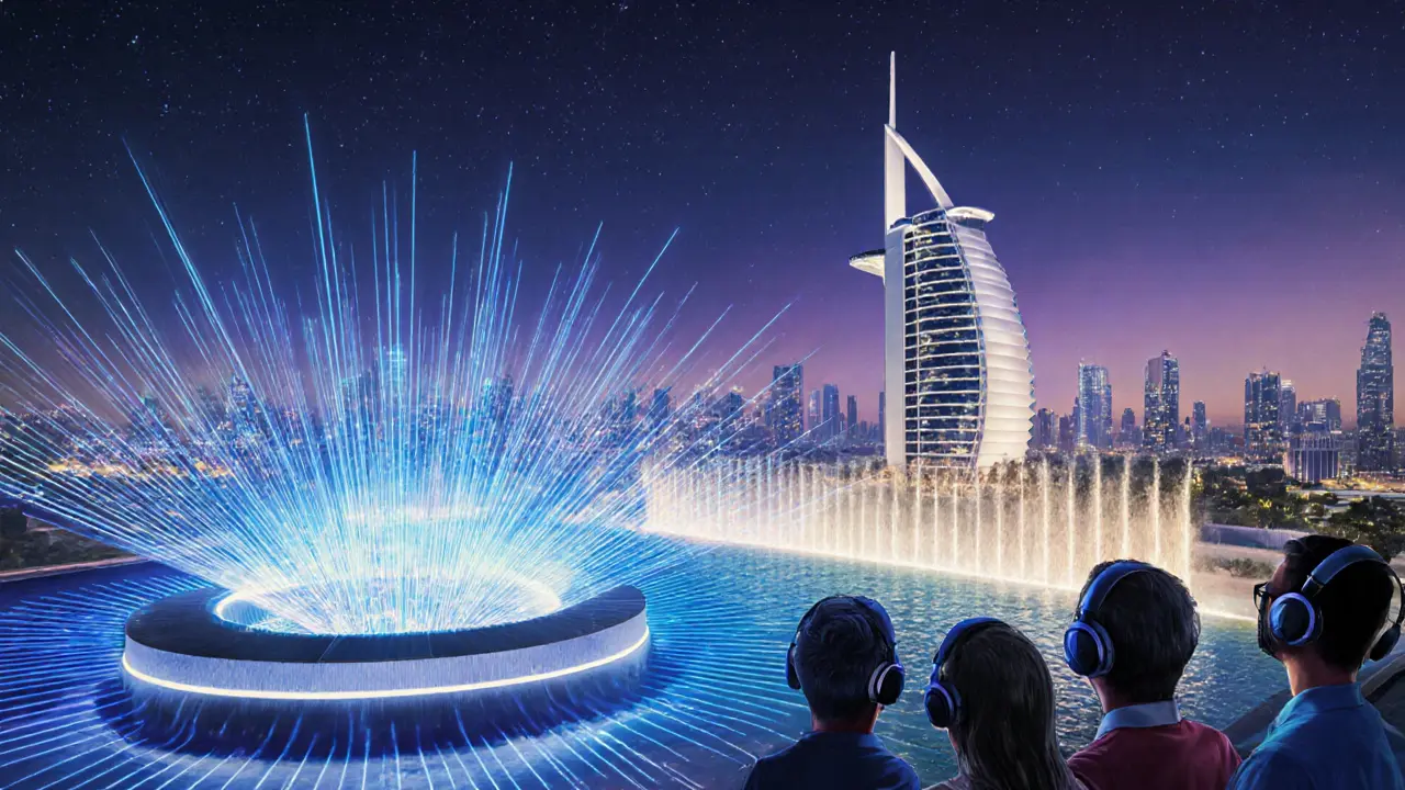 Future laser show at White Dubai synced with Burj Al Arab fountain, guests wearing headphones.