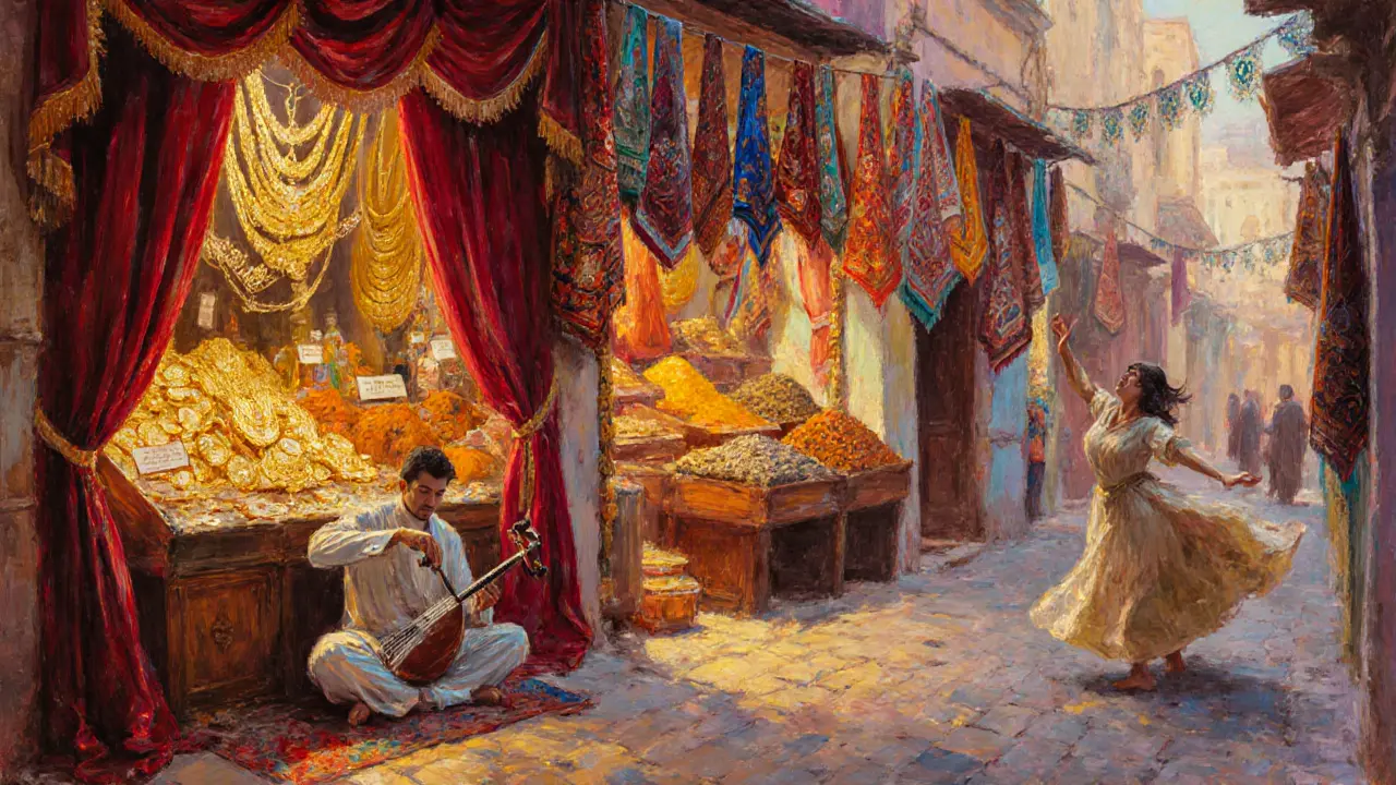 Gold jewellery stall with velvet curtains, spice sacks, and colorful textiles, while an oud player performs.