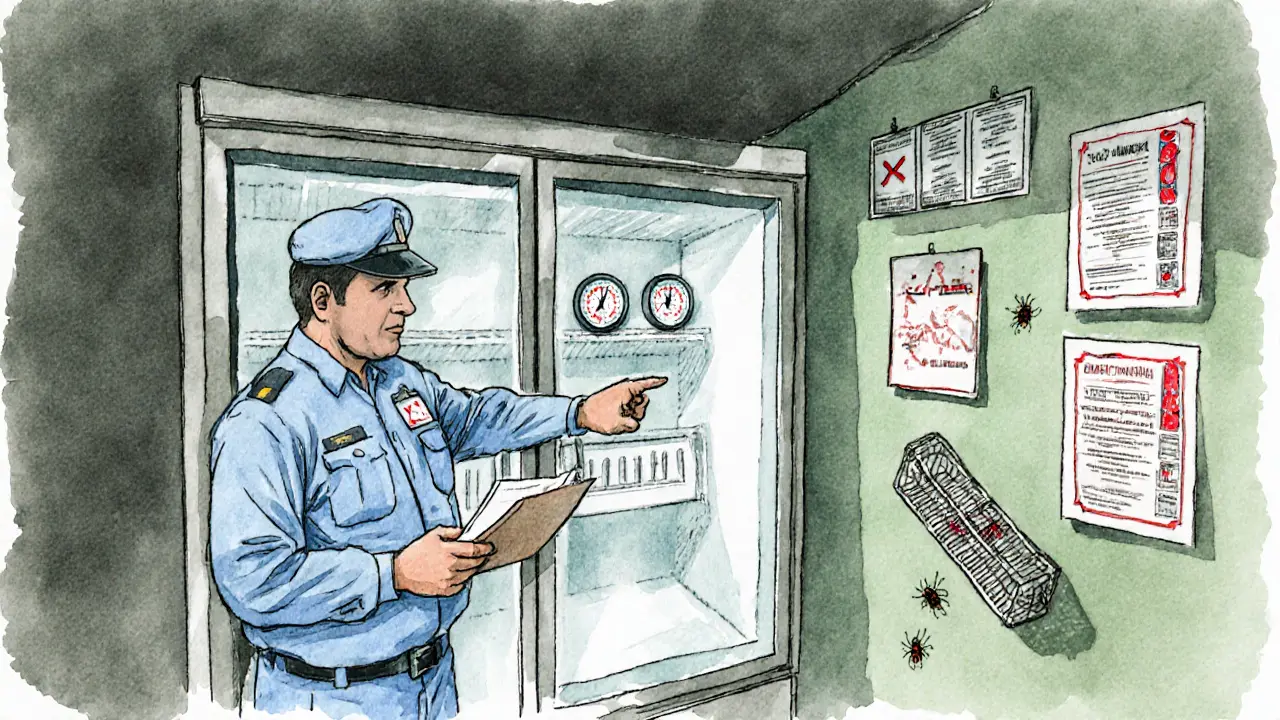 Health inspector examining a freezer and missing certificates in a restaurant.