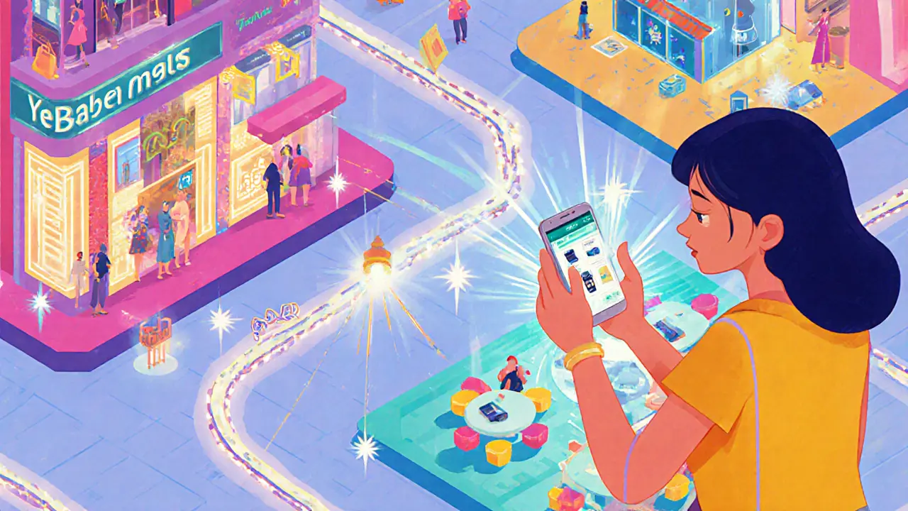 Illustrated map showing a shopper’s route through Fashion, Electronics, and Food zones.