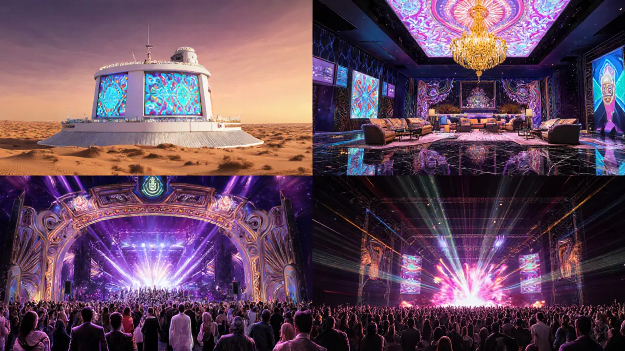 Illustrated split view of White Dubai rooftop, Billionaire Mansion lounge, Cavalli Club interior, and BASE Dubai stage.