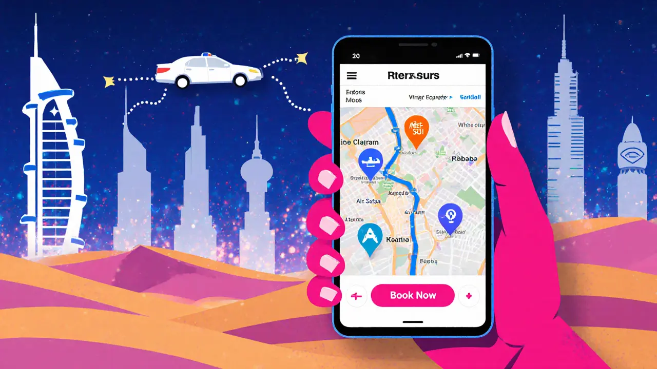 Illustration of a phone showing ride‑hailing, metro map, and VIP table booking for Dubai clubs.