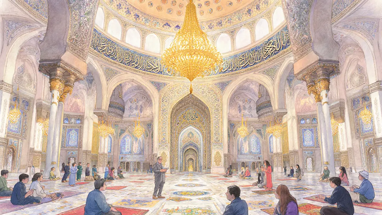 Inside the prayer hall showing chandelier, calligraphy and a tour guide with visitors.