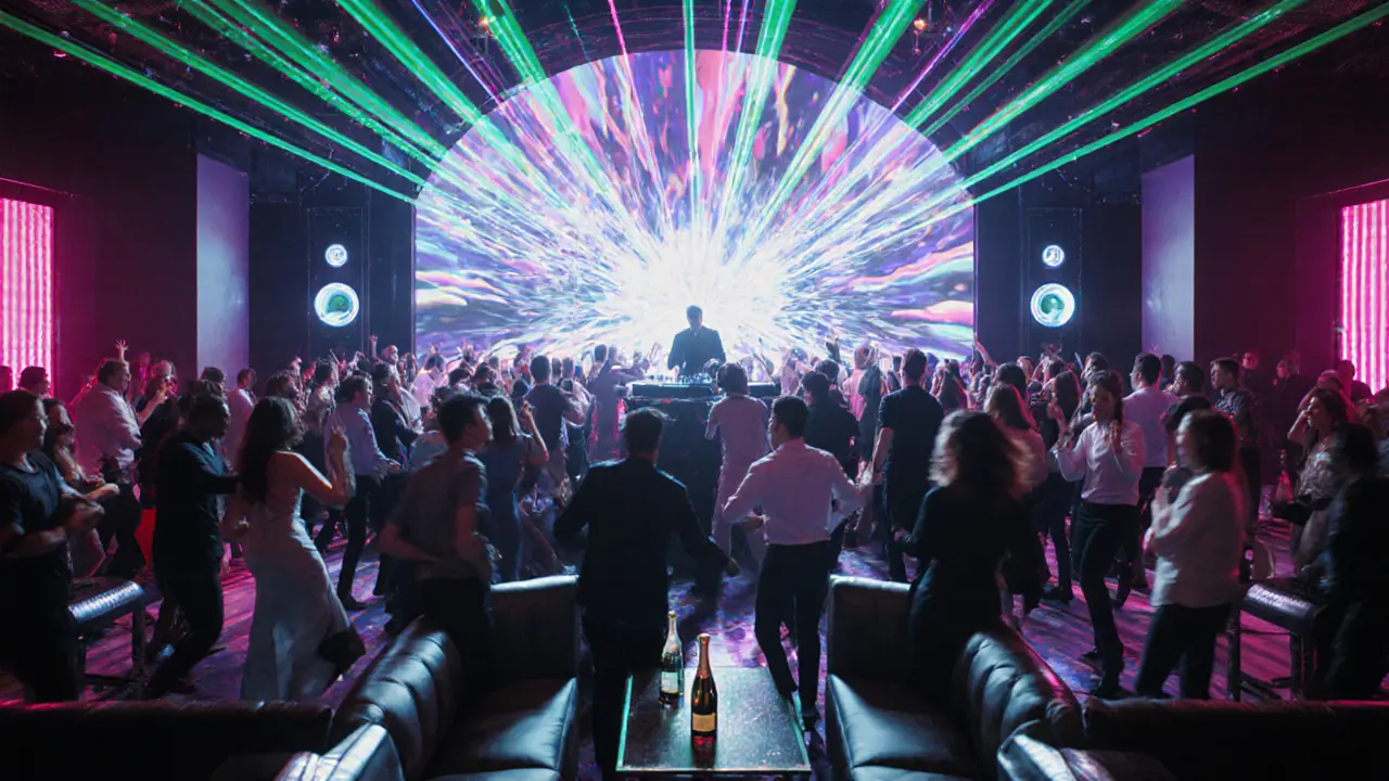 Inside White Dubai dance floor with laser curtain, DJ booth, and vibrant crowd.
