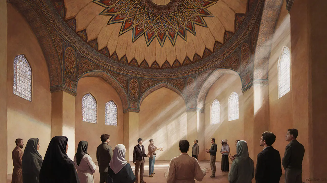 Interior of Jumeirah Mosque with guide and visitors viewing the painted ceiling.