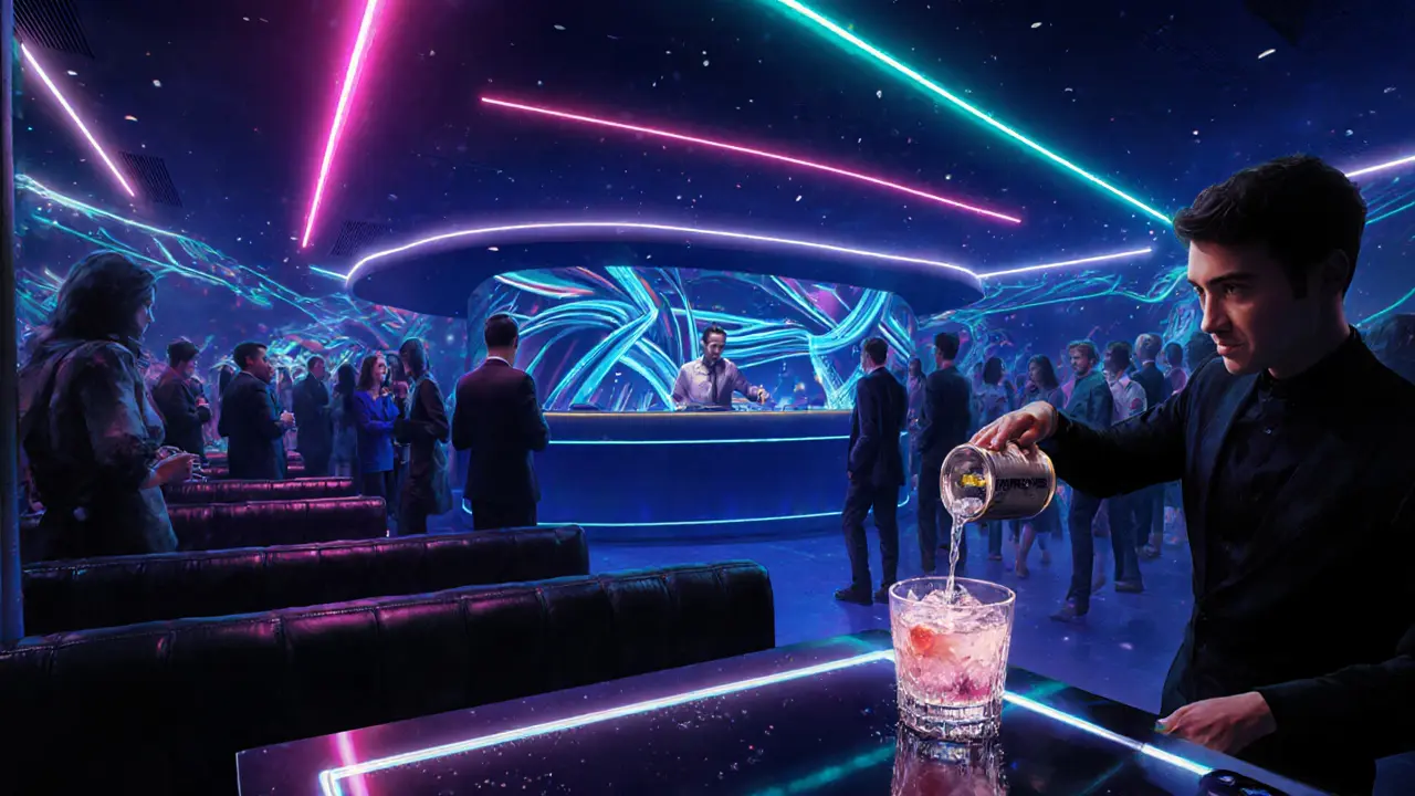 Interior of White Dubai with LED walls, dance floor, leather seating and glowing cocktail glass.