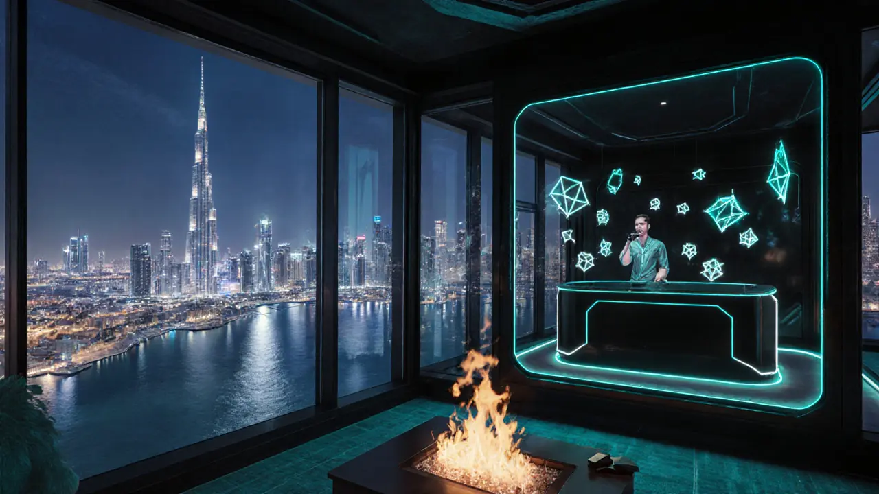 Luxurious rooftop Skyline Suite with glass walls, bottle service and futuristic AR visuals overlooking the Burj Khalifa.