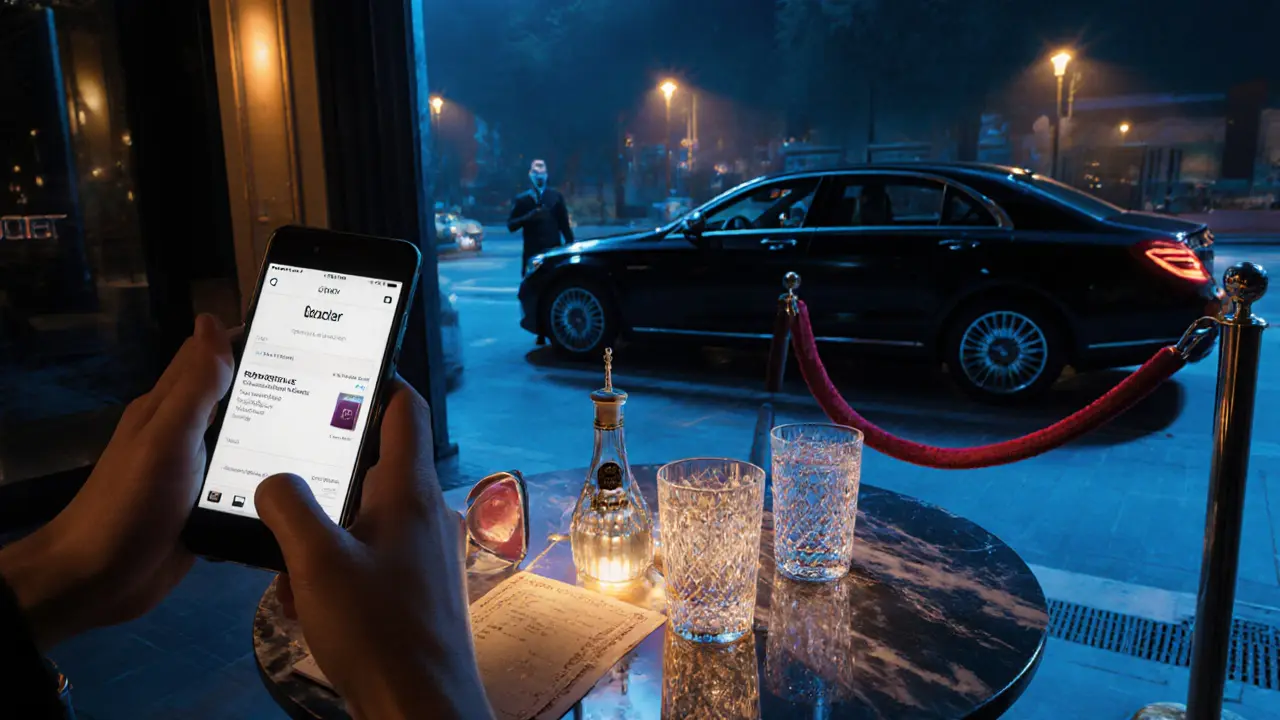 Luxury VIP table with bottle service, reservation phone, passport, and Uber car ready for a Dubai nightclub night.