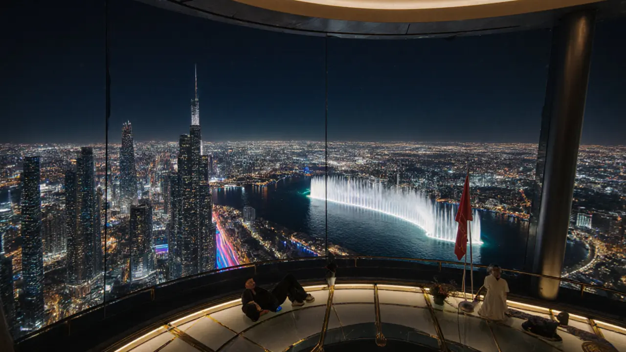 Observation deck view at night showing city lights and distant fountain.