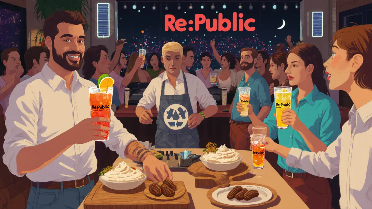 Patrons enjoying cocktails in reusable glassware at an eco-friendly club, organic snacks on wooden trays, solar DJ booth in background.