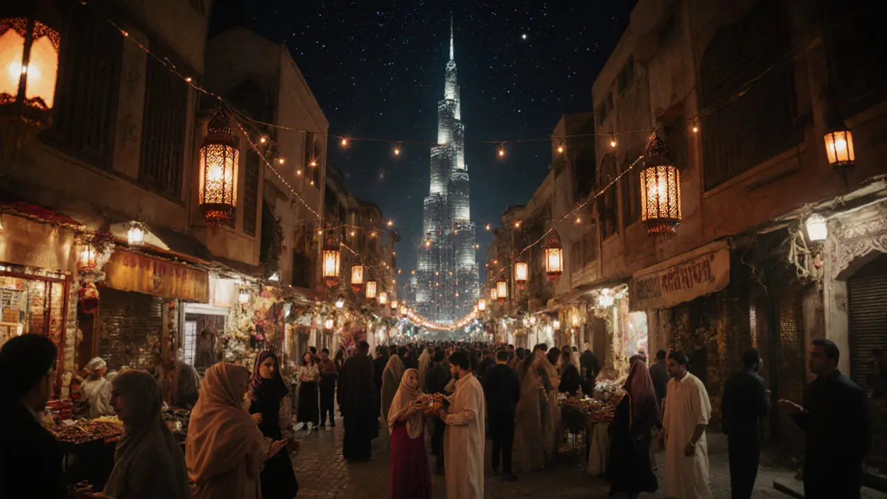 Ramadan night market with lanterns, families sharing iftar under city lights.