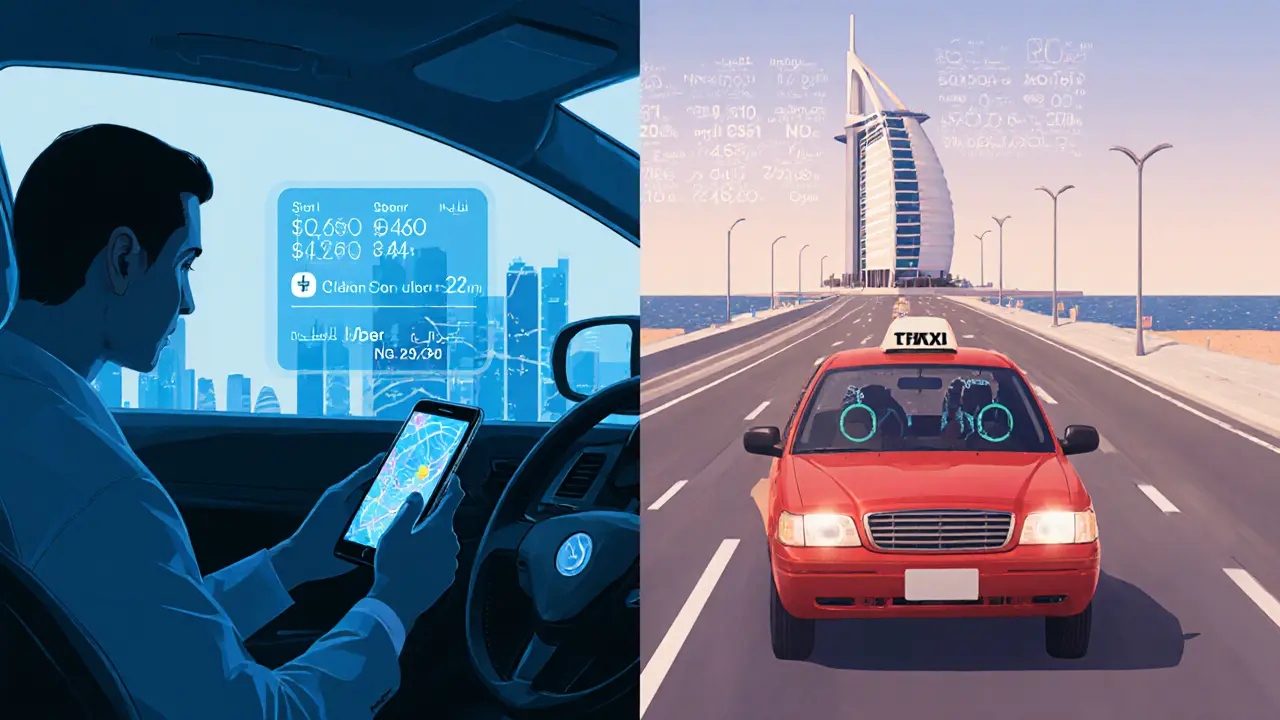 Side‑by‑side view of an Uber ride and a Dubai taxi with fare displays and city backdrop.