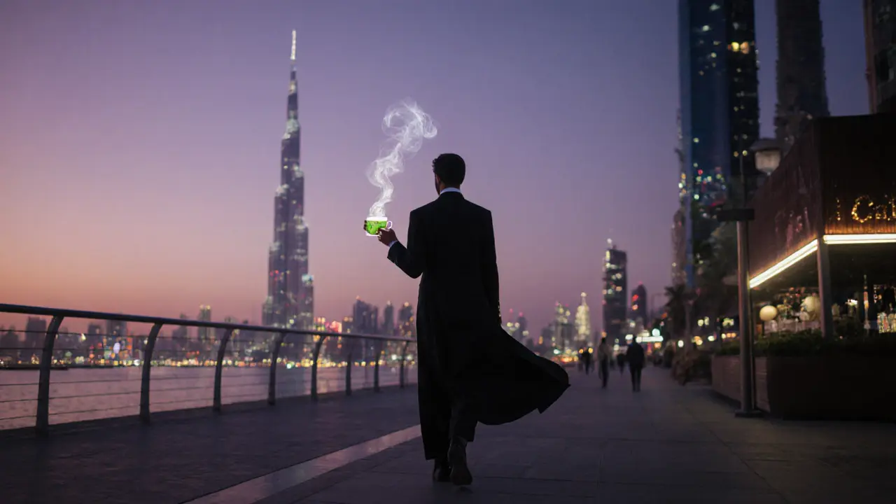 Silhouetted figure walking at dawn with Burj Khalifa in distance, holding mint tea.
