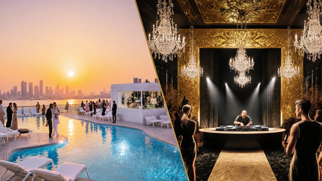 Split illustration of White Dubai rooftop pool at sunset and Cavalli Club's opulent interior.