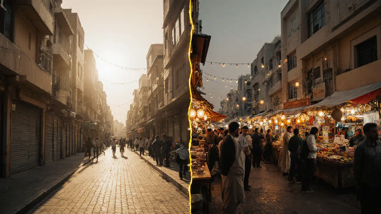 Split-image of Dubai’s street transforming from silent daytime stillness to lively evening iftar celebration.