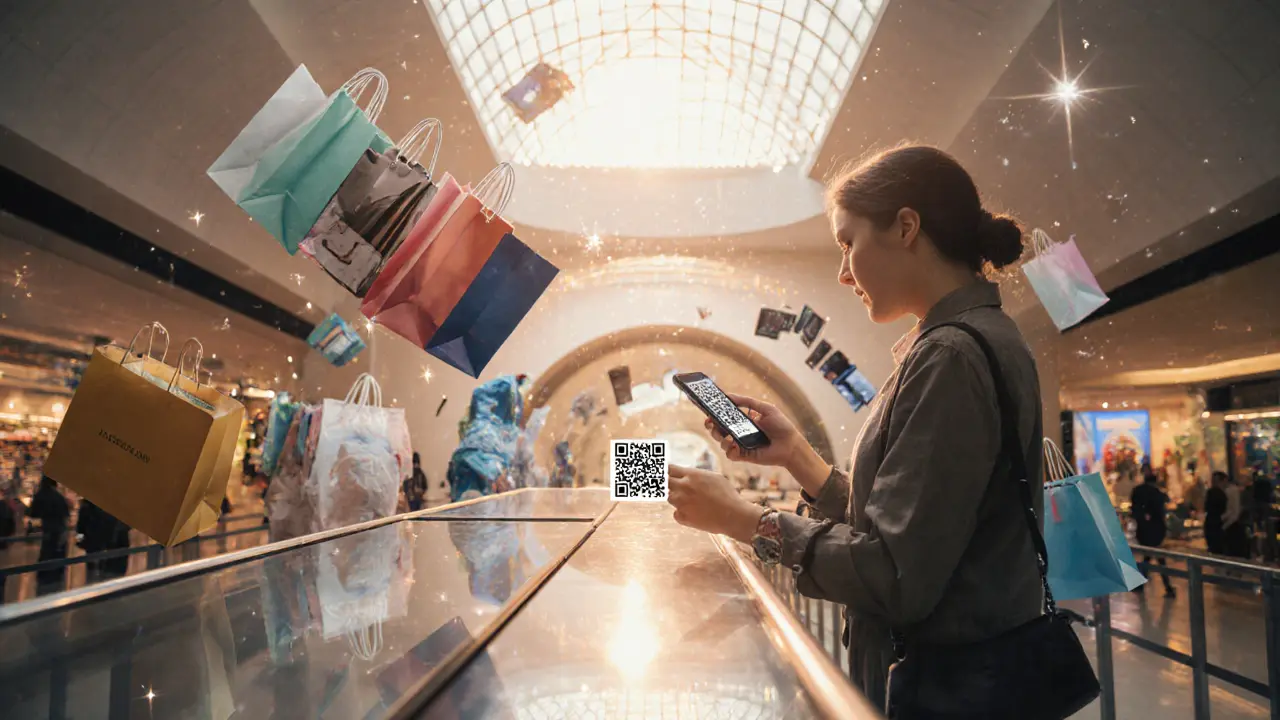 Tourist scanning a QR code at a glass VAT refund desk, surrounded by shopping bags.
