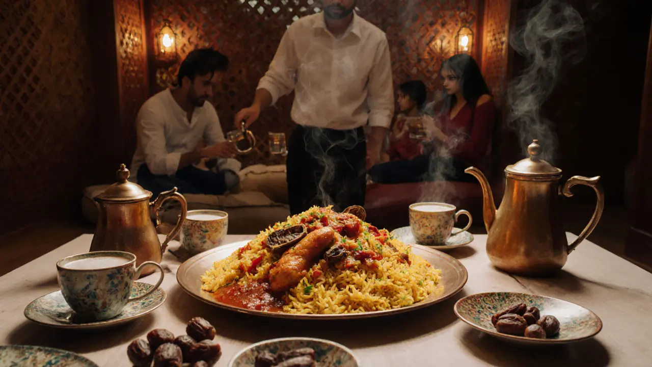 Traditional Emirati restaurant interior showcasing a communal Al Machboos platter with dates and coffee.