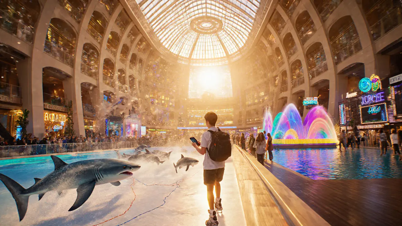 Traveler’s day itinerary: aquarium tunnel, ice rink, VR Park, fountain at sunset.