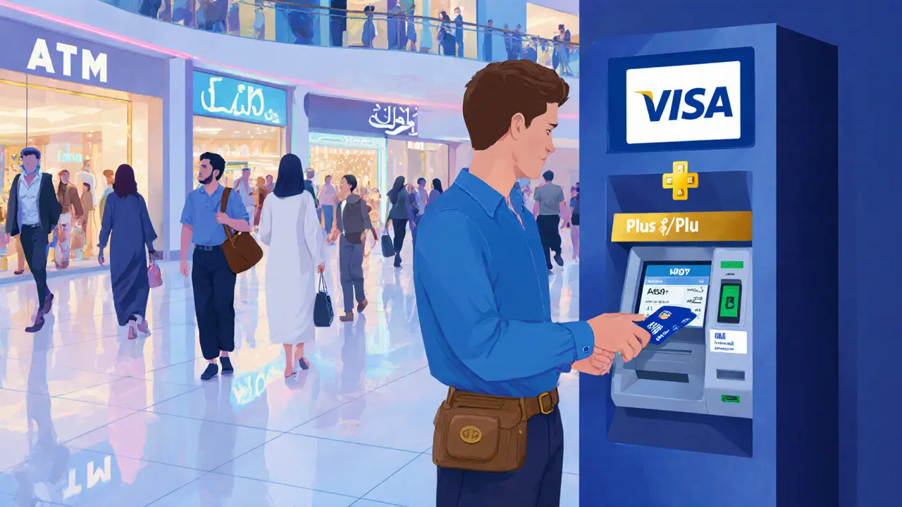 Traveler using an ATM in Dubai Mall, displaying AED withdrawal on screen.