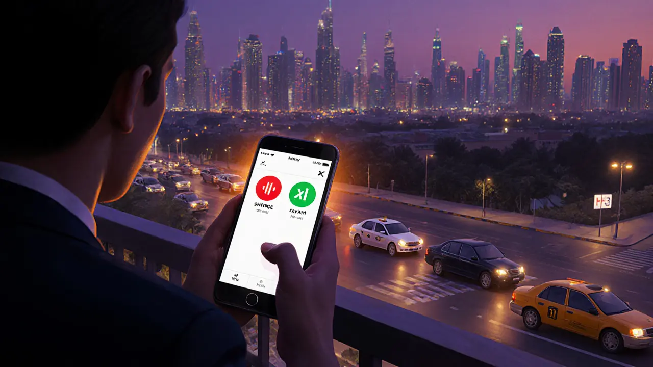 Twilight Dubai skyline, person holding phone with surge warning, cars lined up below.