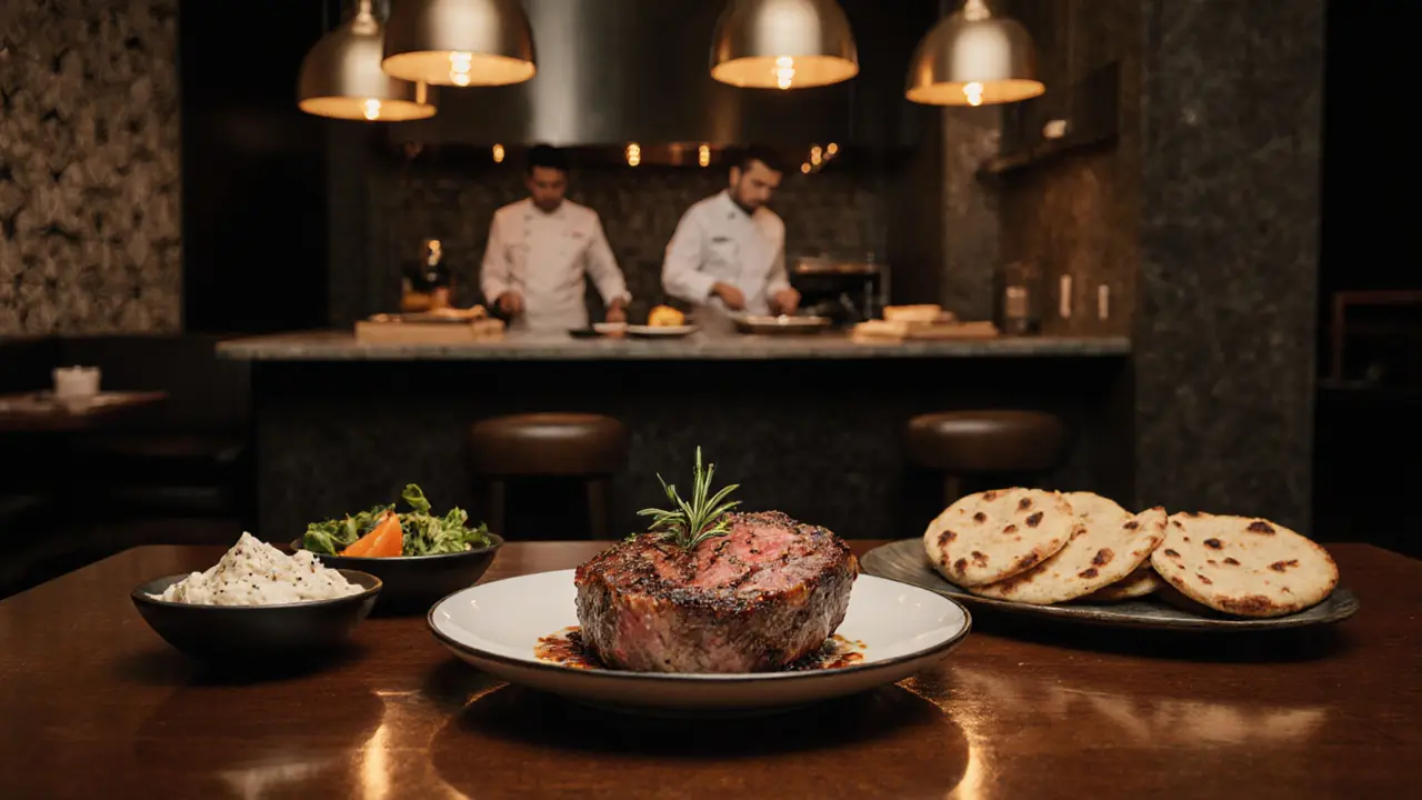 Upscale Dubai steakhouse plate showing Wagyu ribeye, hummus, tabbouleh, and flatbread under warm lighting.