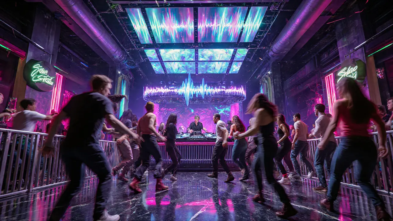 Vibrant dance floor with LED walls, DJ booth and energetic crowd inside Soho Garden.