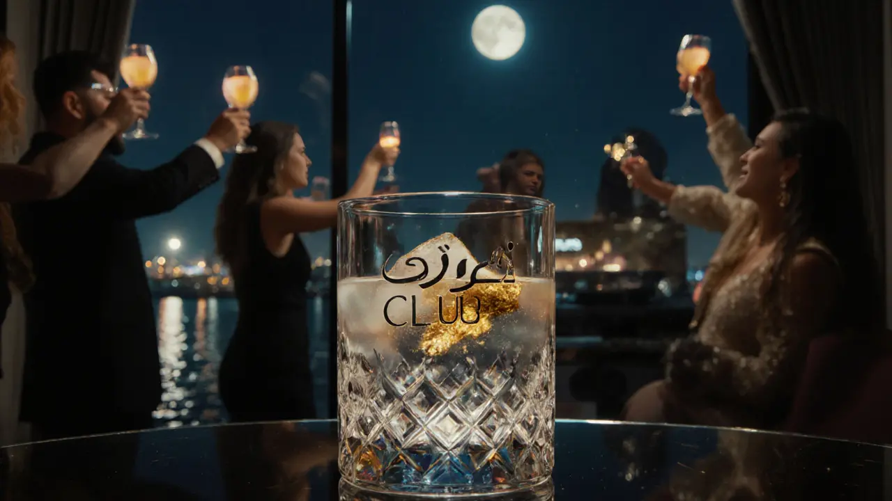 VIP booth with golden cocktail and Dubai Creek view, guests in elegant attire raising glasses.
