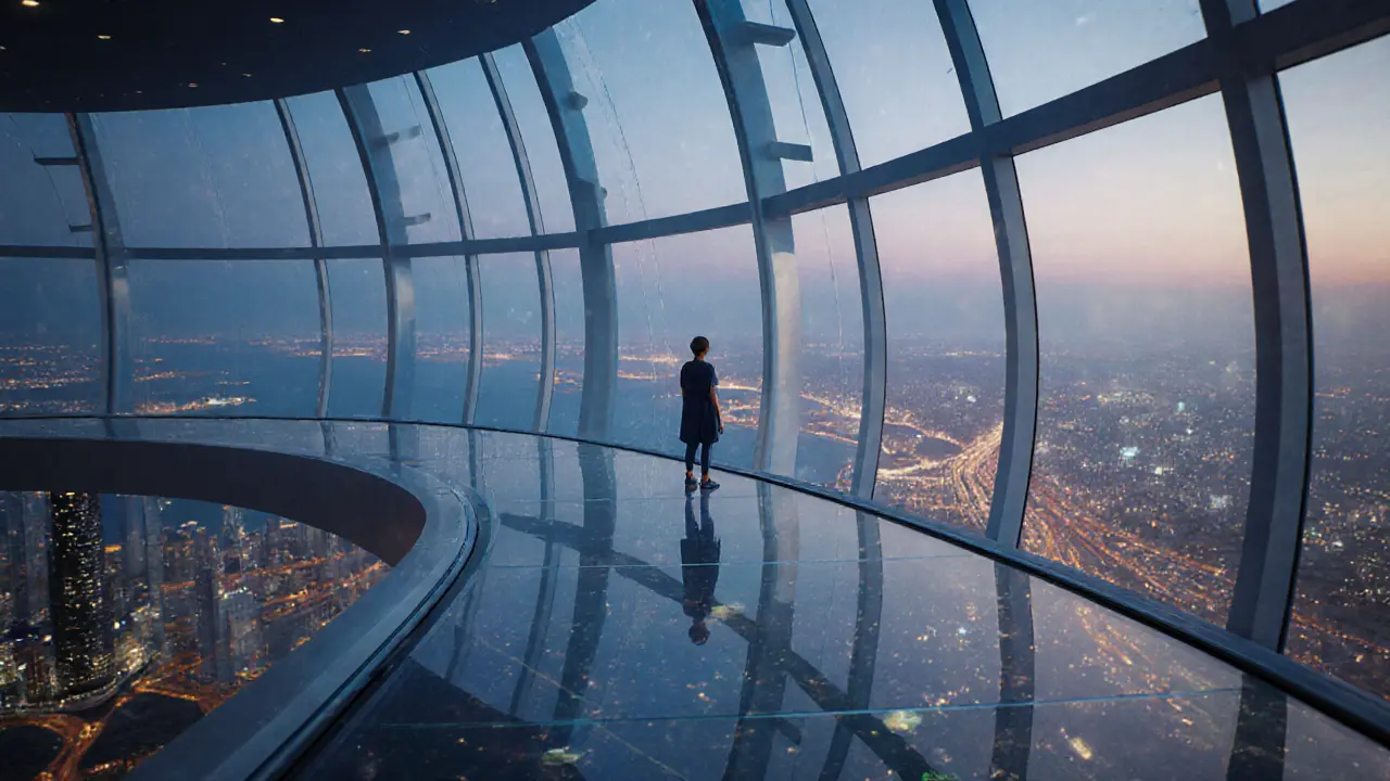 Visitor standing on glass floor of Burj Khalifa&#039;s observation deck, looking down at the city below.