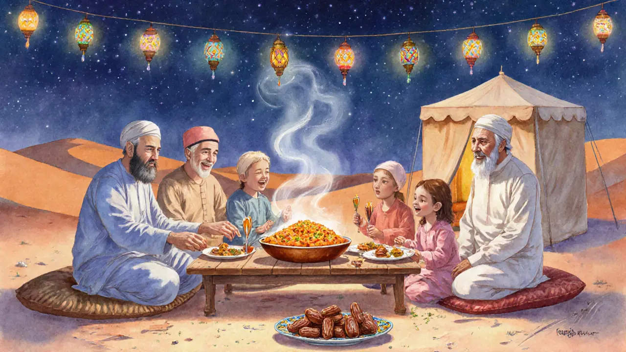 Watercolor scene of a family sharing Al Machboos and luqaimat at a Ramadan Iftar under desert lanterns.